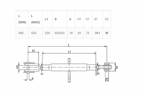 Adjustable lifting bar 220mm, lower link ball 22mm - Image 2